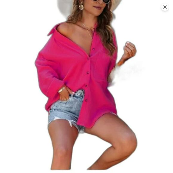 213 Hot Pink Oversized Button Down Shirt – Slouchy Off-Shoulder Blouse, Casual - Picture 1 of 3